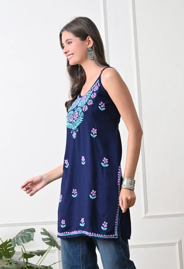 Syrish_Navy_Blue_Rayon_Spaghetti_Strap_Chikankari_Hand_Embroidered_Straight_Kurti