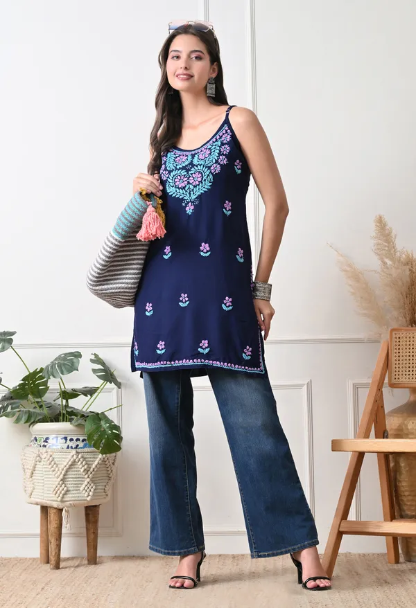 Syrish_Navy_Blue_Rayon_Spaghetti_Strap_Chikankari_Hand_Embroidered_Straight_Kurti
