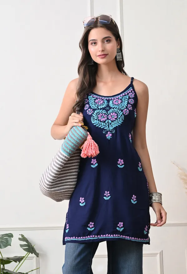 Syrish_Navy_Blue_Rayon_Spaghetti_Strap_Chikankari_Hand_Embroidered_Straight_Kurti