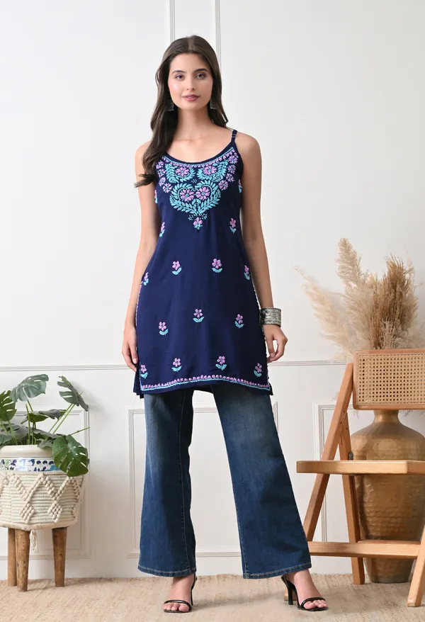 Syrish_Navy_Blue_Rayon_Spaghetti_Strap_Chikankari_Hand_Embroidered_Straight_Kurti