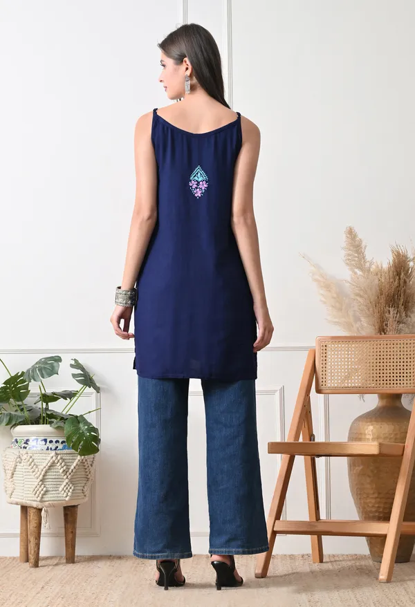 Syrish_Navy_Blue_Rayon_Spaghetti_Strap_Chikankari_Hand_Embroidered_Straight_Kurti