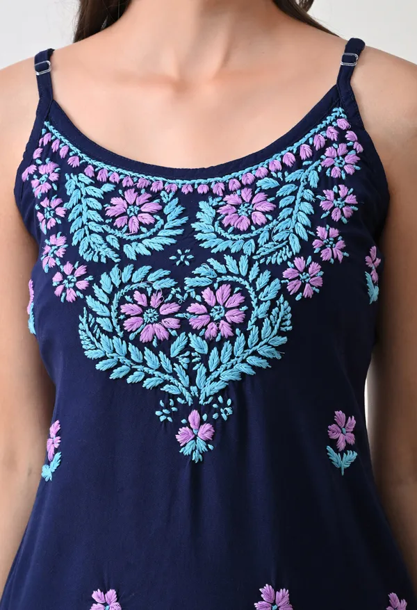 Syrish_Navy_Blue_Rayon_Spaghetti_Strap_Chikankari_Hand_Embroidered_Straight_Kurti