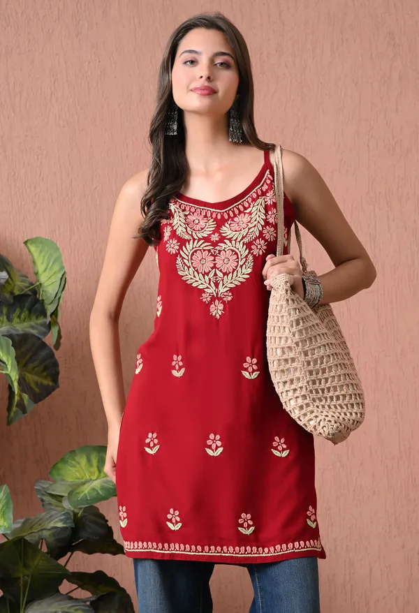 Syrish_Red_Rayon_Spaghetti_Strap_Chikankari_Hand_Embroidered_Straight_Kurti