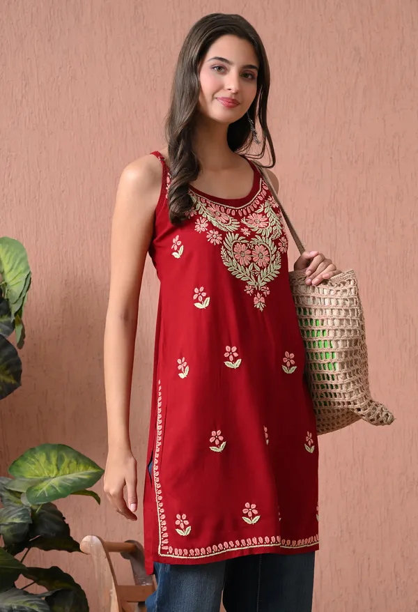Syrish_Red_Rayon_Spaghetti_Strap_Chikankari_Hand_Embroidered_Straight_Kurti