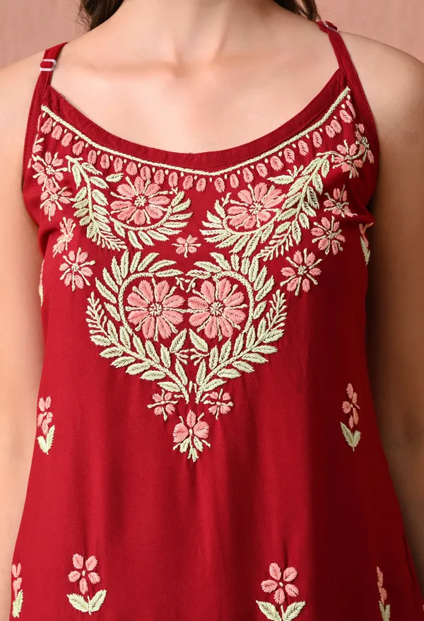 Syrish_Red_Rayon_Spaghetti_Strap_Chikankari_Hand_Embroidered_Straight_Kurti