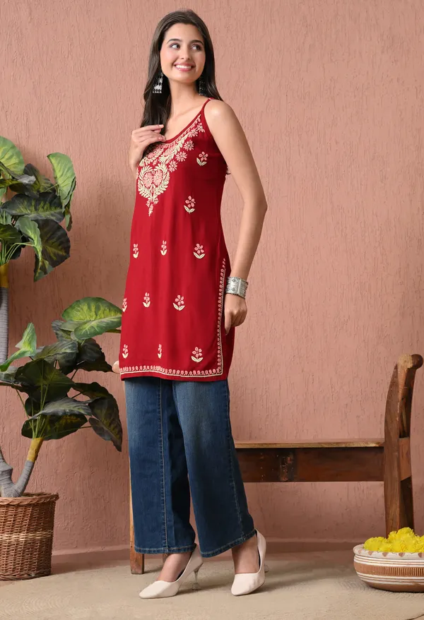 Syrish_Red_Rayon_Spaghetti_Strap_Chikankari_Hand_Embroidered_Straight_Kurti