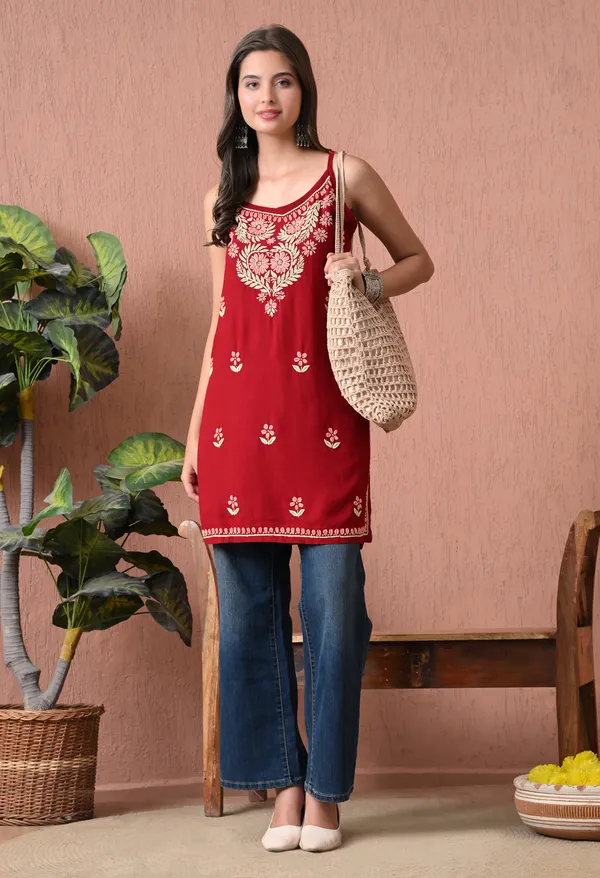 Syrish_Red_Rayon_Spaghetti_Strap_Chikankari_Hand_Embroidered_Straight_Kurti