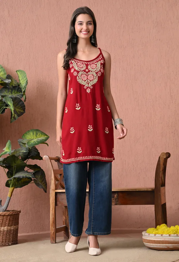 Syrish_Red_Rayon_Spaghetti_Strap_Chikankari_Hand_Embroidered_Straight_Kurti