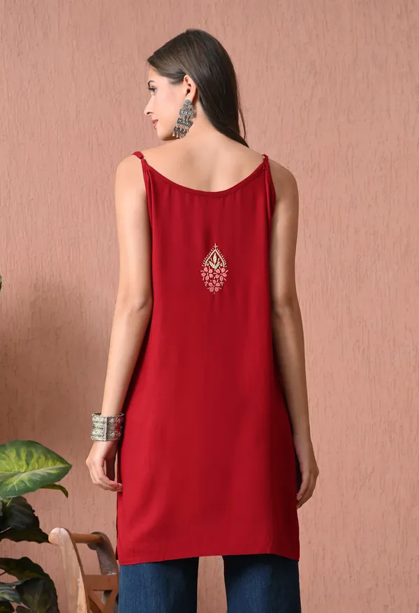 Syrish_Red_Rayon_Spaghetti_Strap_Chikankari_Hand_Embroidered_Straight_Kurti
