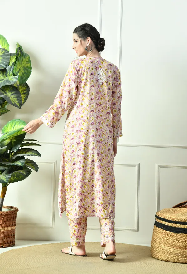 Pastel_Purple_&_Yellow_Floral_Hand_Embroidered_Mulmul_Chikankari_Kurta_Plazo_Set