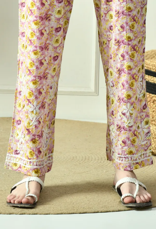 Pastel_Purple_&_Yellow_Floral_Hand_Embroidered_Mulmul_Chikankari_Kurta_Plazo_Set