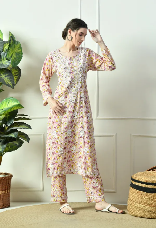 Pastel_Purple_&_Yellow_Floral_Hand_Embroidered_Mulmul_Chikankari_Kurta_Plazo_Set