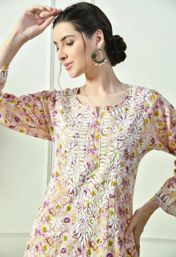 Pastel_Purple_&_Yellow_Floral_Hand_Embroidered_Mulmul_Chikankari_Kurta_Plazo_Set