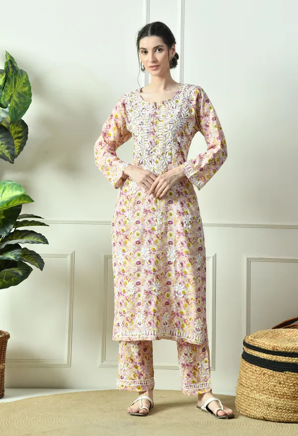 Pastel_Purple_&_Yellow_Floral_Hand_Embroidered_Mulmul_Chikankari_Kurta_Plazo_Set