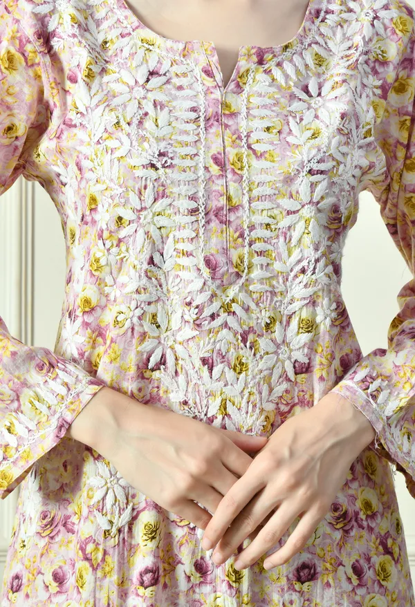Pastel_Purple_&_Yellow_Floral_Hand_Embroidered_Mulmul_Chikankari_Kurta_Plazo_Set