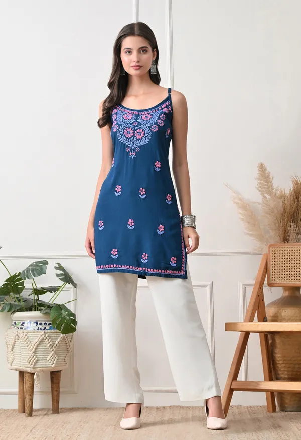 Syrish_Teal_Rayon_Spaghetti_Strap_Chikankari_Hand_Embroidered_Straight_Kurti