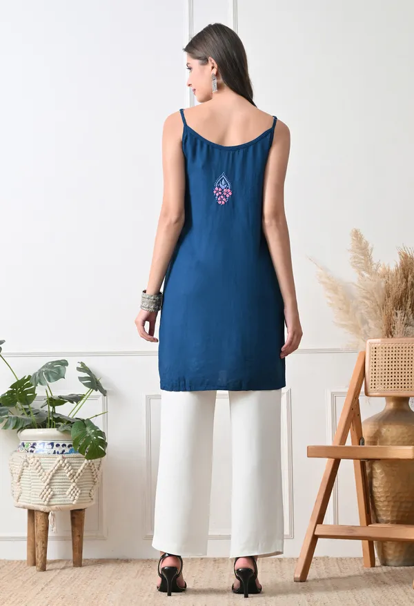 Syrish_Teal_Rayon_Spaghetti_Strap_Chikankari_Hand_Embroidered_Straight_Kurti
