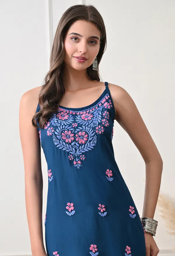 Syrish_Teal_Rayon_Spaghetti_Strap_Chikankari_Hand_Embroidered_Straight_Kurti