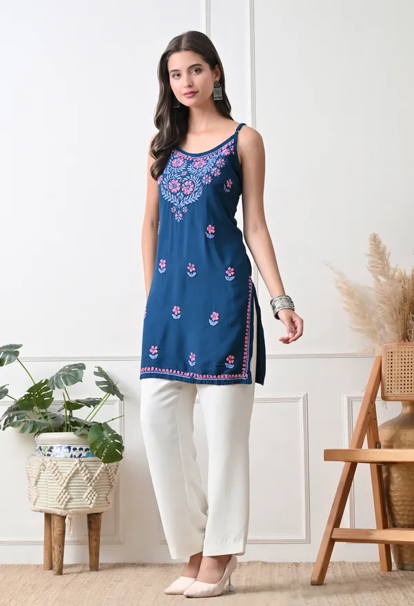 Syrish_Teal_Rayon_Spaghetti_Strap_Chikankari_Hand_Embroidered_Straight_Kurti