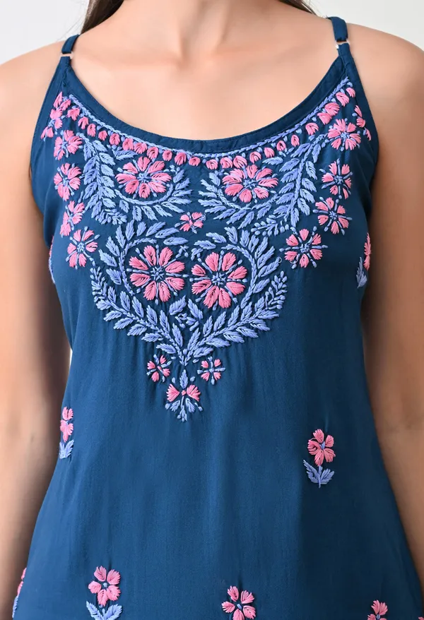 Syrish_Teal_Rayon_Spaghetti_Strap_Chikankari_Hand_Embroidered_Straight_Kurti