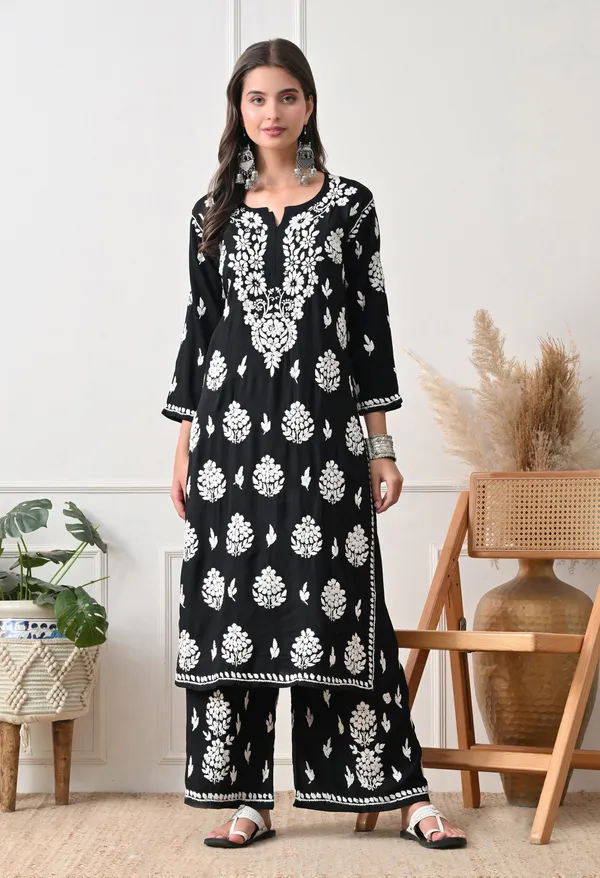 Syrish_Black_Rayon_Straight_Chikankari_Hand_Embroidered_Kurta_Set