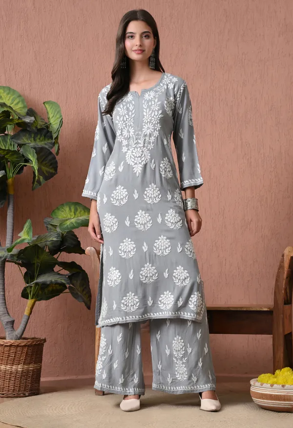 Syrish_Grey_Rayon_Straight_Chikankari_Hand_Embroidered_Kurta_Set