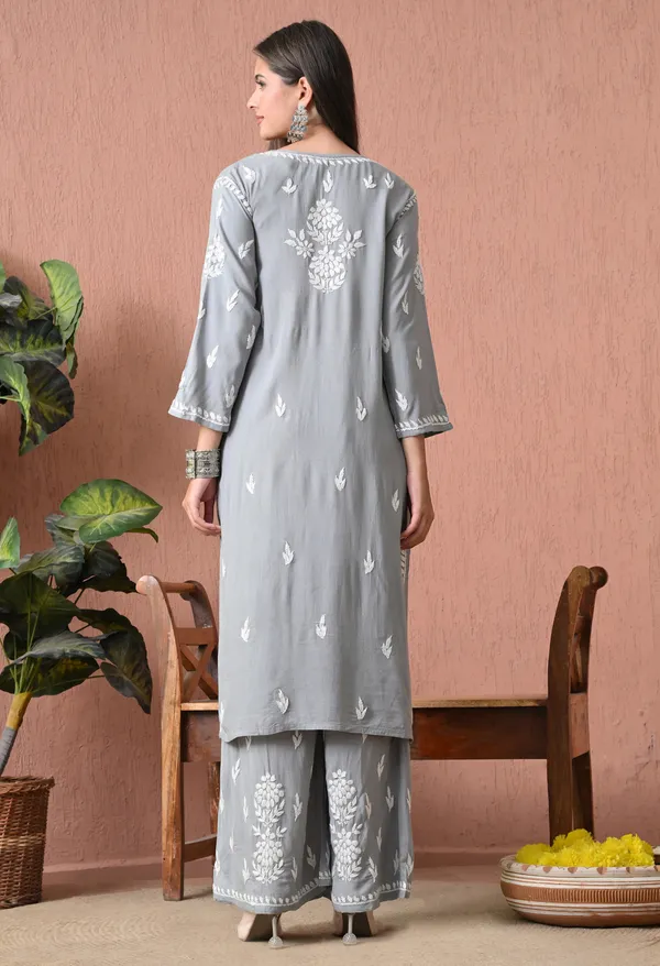 Syrish_Grey_Rayon_Straight_Chikankari_Hand_Embroidered_Kurta_Set