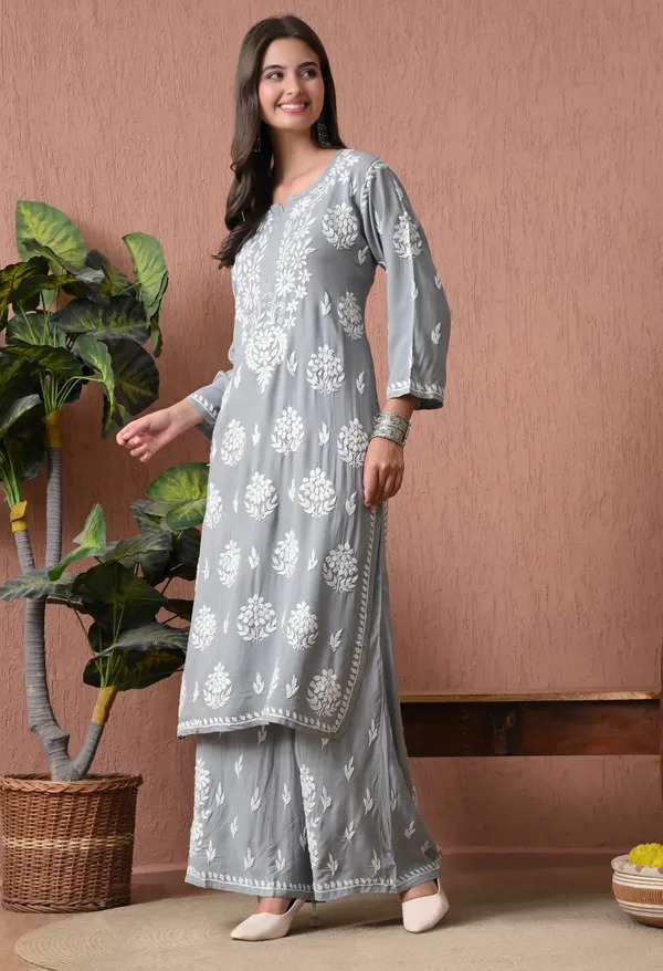 Syrish_Grey_Rayon_Straight_Chikankari_Hand_Embroidered_Kurta_Set