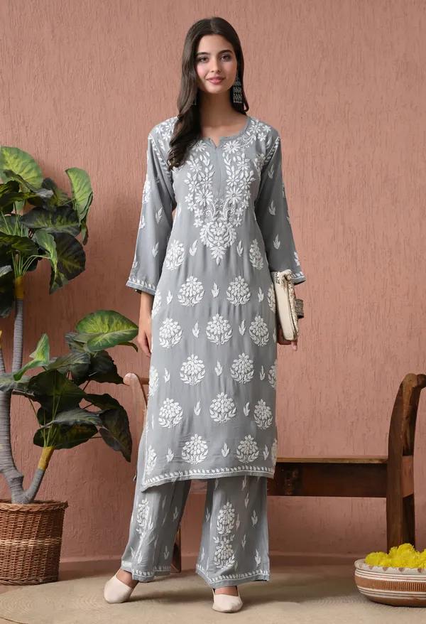 Syrish_Grey_Rayon_Straight_Chikankari_Hand_Embroidered_Kurta_Set