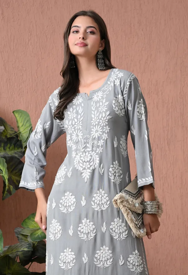 Syrish_Grey_Rayon_Straight_Chikankari_Hand_Embroidered_Kurta_Set