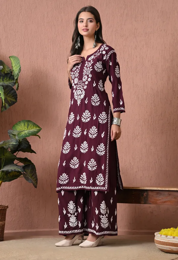 Syrish_Wine_Rayon_Straight_Chikankari_Hand_Embroidered_Kurta_Set