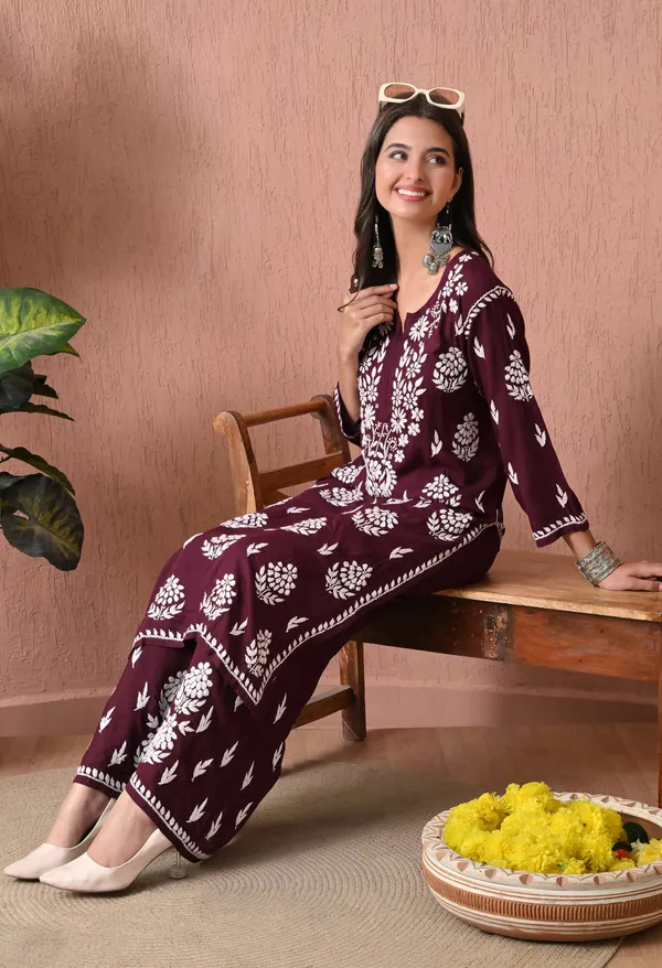 Syrish_Wine_Rayon_Straight_Chikankari_Hand_Embroidered_Kurta_Set