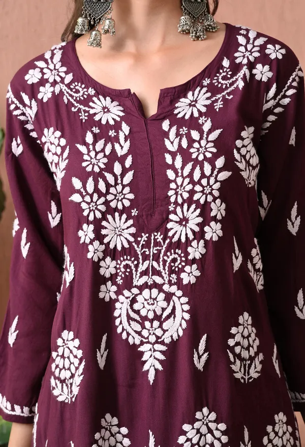 Syrish_Wine_Rayon_Straight_Chikankari_Hand_Embroidered_Kurta_Set