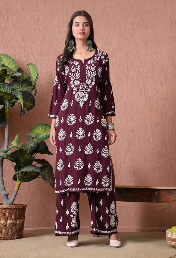 Syrish_Wine_Rayon_Straight_Chikankari_Hand_Embroidered_Kurta_Set