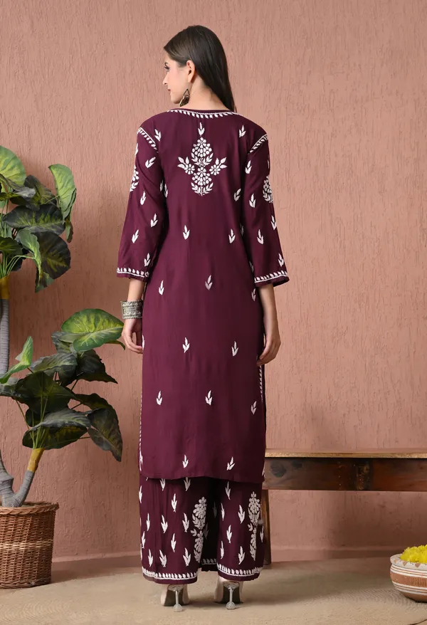 Syrish_Wine_Rayon_Straight_Chikankari_Hand_Embroidered_Kurta_Set