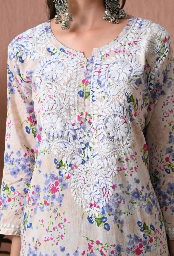 Syrish_Beige_Floral_Mulmul_Chikankari_Hand_Embroidered_Kurta_Set