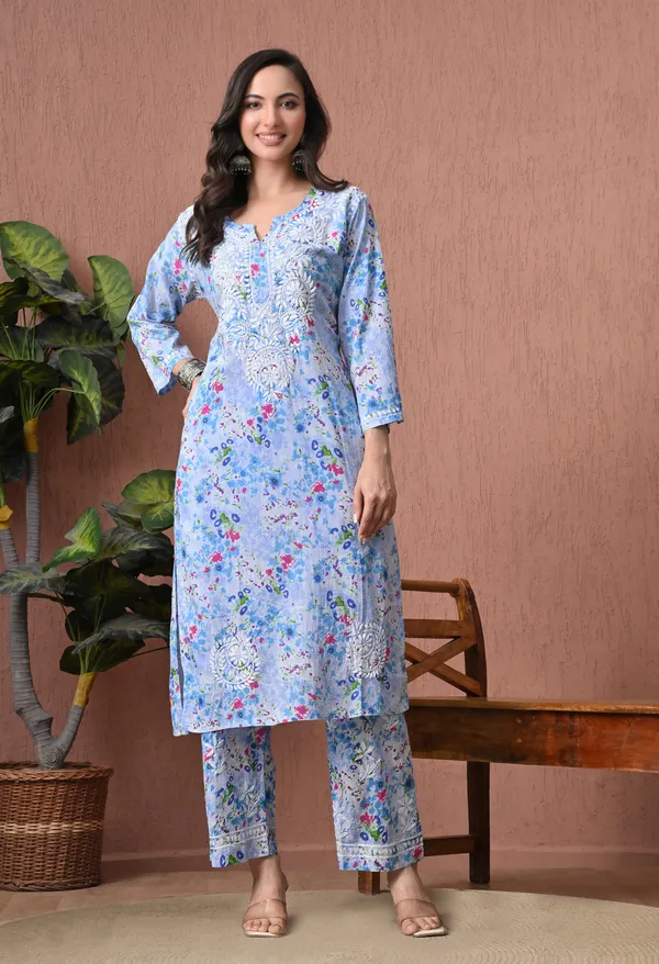 Syrish_Blue_Floral_Mulmul_Chikankari_Hand_Embroidered_Kurta_Set