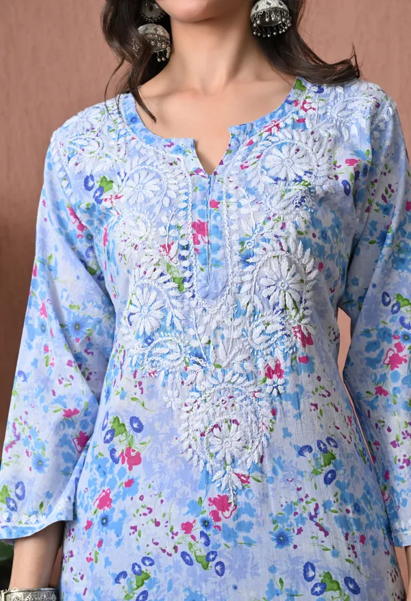 Syrish_Blue_Floral_Mulmul_Chikankari_Hand_Embroidered_Kurta_Set