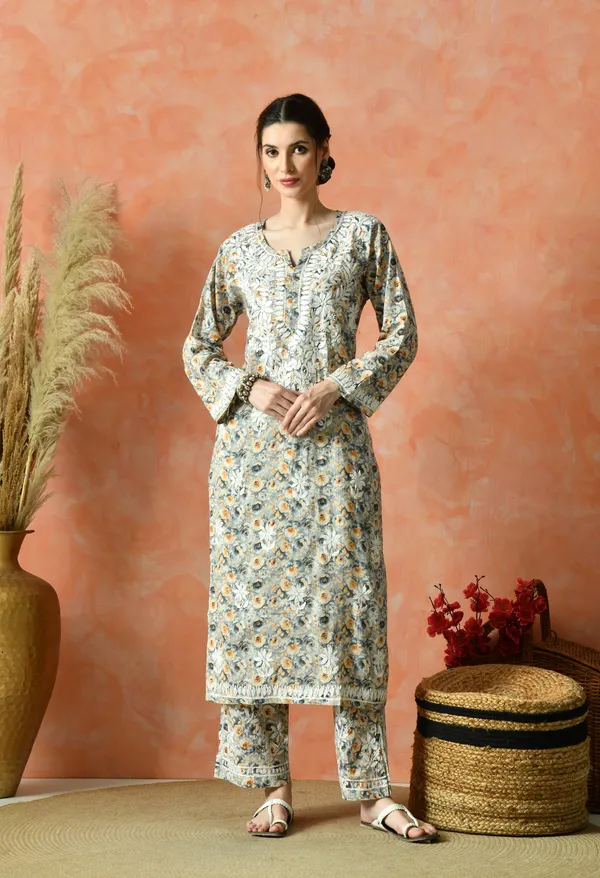 Grey_&_Mustard_Floral_Hand_Embroidered_Mulmul_Chikankari_Kurta_Plazo_Set