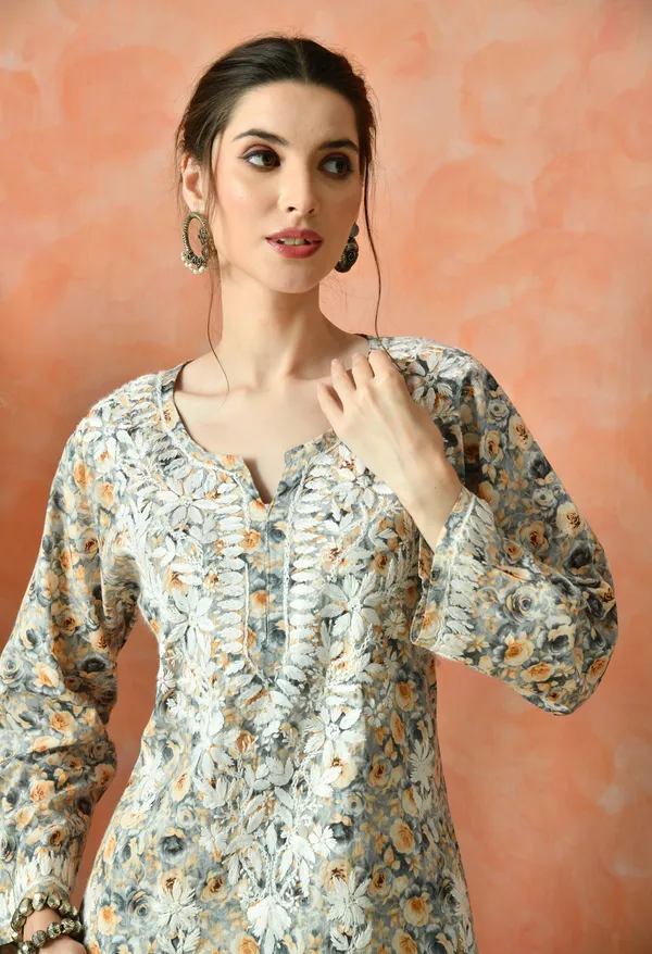 Grey_&_Mustard_Floral_Hand_Embroidered_Mulmul_Chikankari_Kurta_Plazo_Set