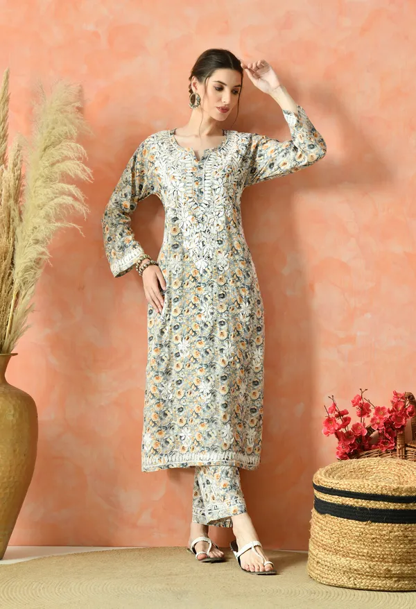Grey_&_Mustard_Floral_Hand_Embroidered_Mulmul_Chikankari_Kurta_Plazo_Set