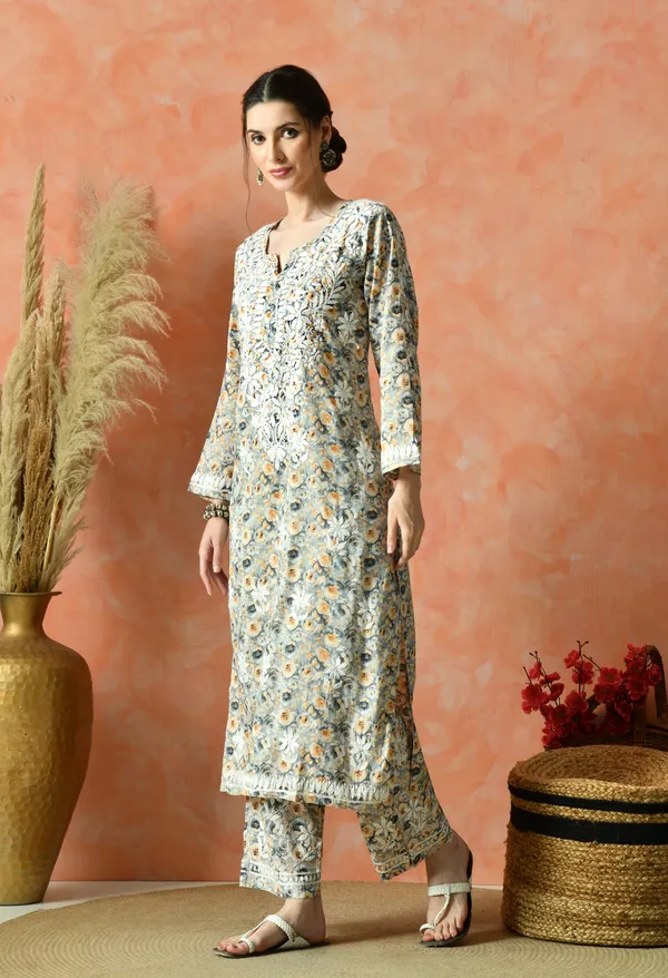 Grey_&_Mustard_Floral_Hand_Embroidered_Mulmul_Chikankari_Kurta_Plazo_Set
