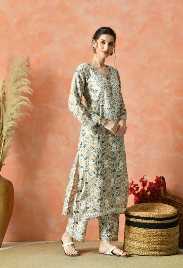 Grey_&_Mustard_Floral_Hand_Embroidered_Mulmul_Chikankari_Kurta_Plazo_Set