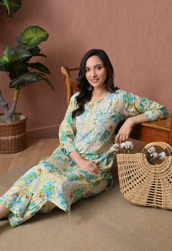 Syrish_Green_Floral_Mulmul_Chikankari_Hand_Embroidered_Kurta_Set