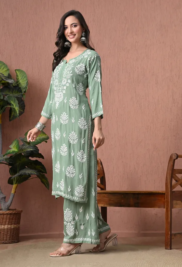 Syrish_Green_Rayon_Straight_Chikankari_Hand_Embroidered_Kurta_Set