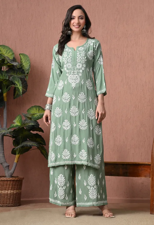 Syrish_Green_Rayon_Straight_Chikankari_Hand_Embroidered_Kurta_Set
