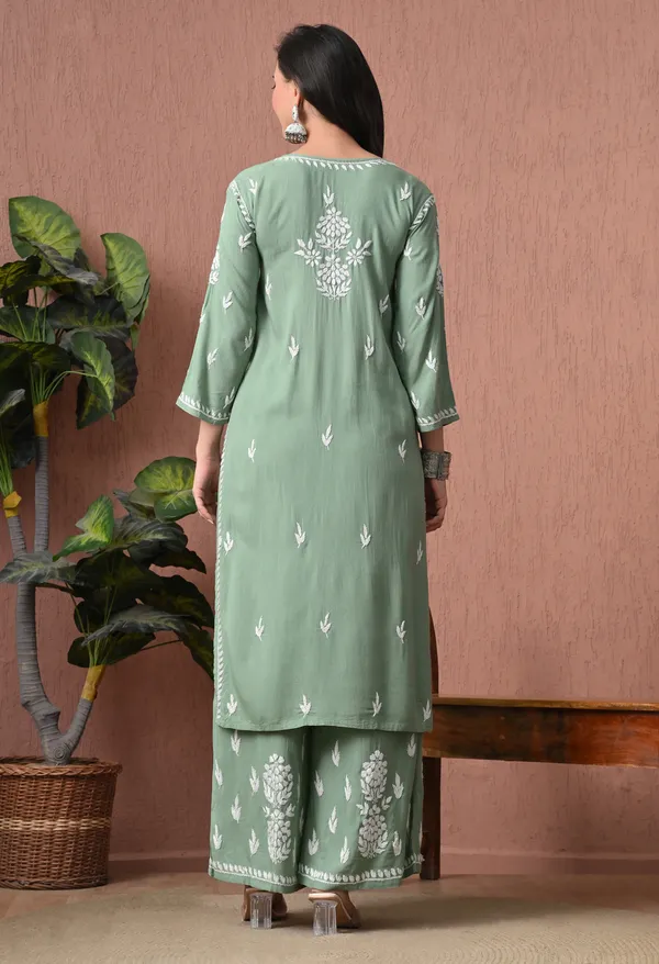 Syrish_Green_Rayon_Straight_Chikankari_Hand_Embroidered_Kurta_Set