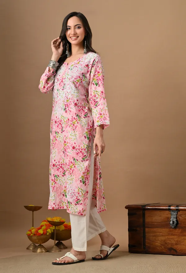 Syrish_Pink_Floral_Mulmul_Chikankari_Hand_Embroidered_Kurta