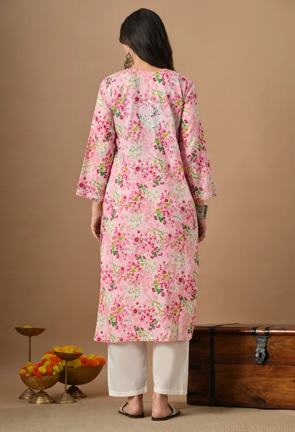 Syrish_Pink_Floral_Mulmul_Chikankari_Hand_Embroidered_Kurta