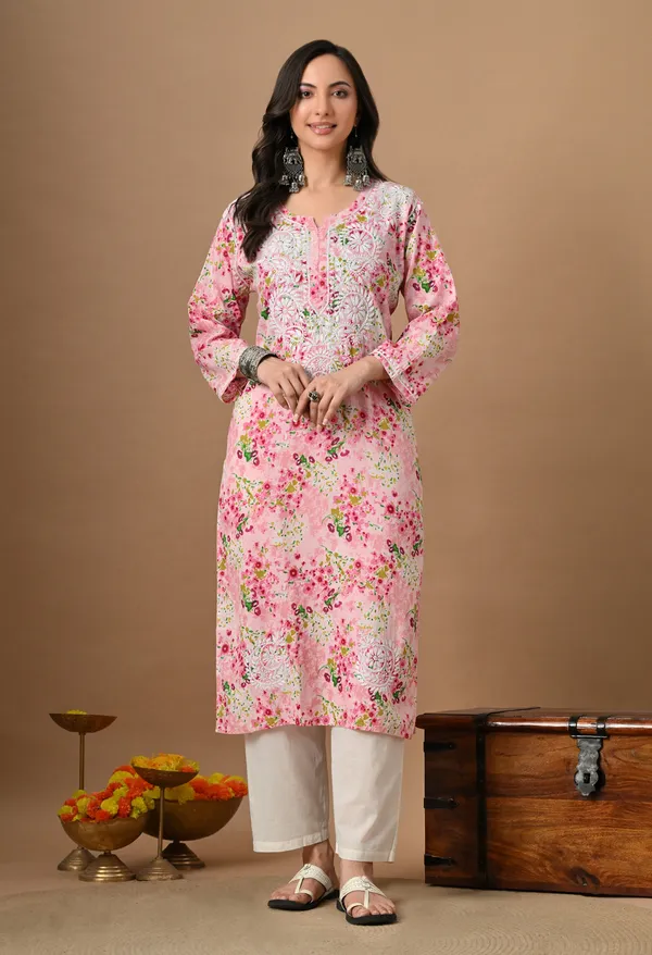 Syrish_Pink_Floral_Mulmul_Chikankari_Hand_Embroidered_Kurta